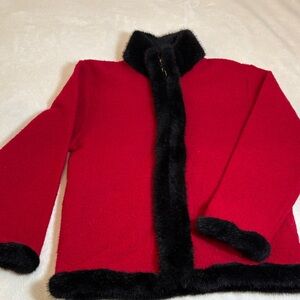 Lisa International Vintage Red Boiled Wool Jacket w/Black Faux Fur Trim Size M
